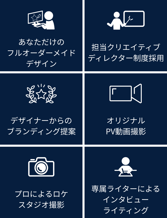 あなただけのフルオーダーメイドデザイン、担当クリエイティブディレクター制度採用、デザイナーからの ブランディング提案、オリジナルPV動画撮影、プロによるロケスタジオ撮影、専属ライターによる インタビューライティング